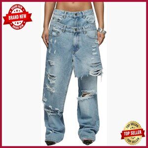 High Waisted Wide Leg Ripped Jeans Polyester Spandex Baggy Straight Fit